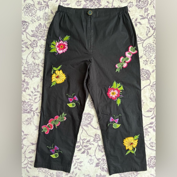 Vintage Black Colorful Floral Appliqué Cotton Pants Size M - Picture 2 of 6
